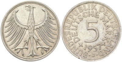 ФРГ 5 марок 1957 J KM 112 серебро 117-637