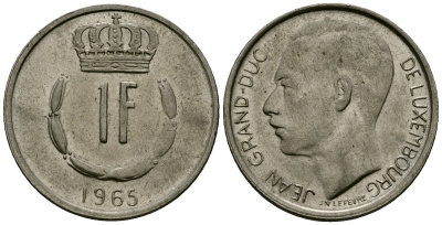 Люксембург 1 франк 1965 Первый год, Великий герцог Жан (1964-2000) KM 55 медно-никель 4167-712