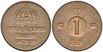 Швеция 1 эре 1971 Густав VI Адольф (1950-1973) KM 820 бронза 4585-325