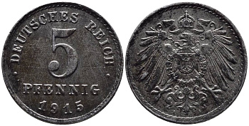ГЕРМАНИЯ 5 ПФЕННИГОВ 1915 A KM 19, Jager 297, Weege 5 железо 4547-552