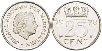 НИДЕРЛАНДЫ 25 ЦЕНТОВ 1978 ЮЛИАНА (1948-1980) KM 183 никель 214-1118