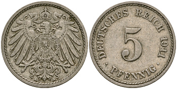 Германия 5 пфеннигов 1911 D KM 11, J. 12, Weege 6 медно-никель 25-1146