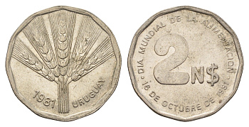 Уругвай 2 новых пенса 1981 Международный день еды KM 77 медь цинк никель 210-1012