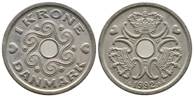 ДАНИЯ 1 КРОНА 1992 LG; JP; A, МАРГРЕТЕ II (1972-) KM 873.1 медно-никель 89-1855