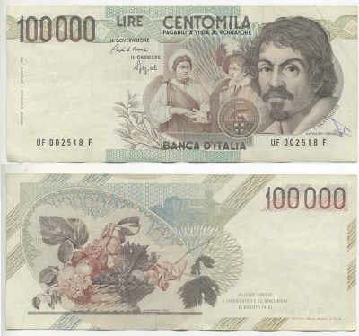 Италия 100000 лир 1983 Караваджо, фруктовый букет, подпись Stevani Pick 110а бумага 7220-1-1