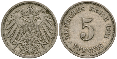 Германия 5 пфеннигов 1911 D KM 11, J. 12, Weege 6 медно-никель 25-1146