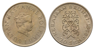 Бруней 20 сенов 1968 Хассанал Болкиах KM 12 медно-никель aUNC 4671-322