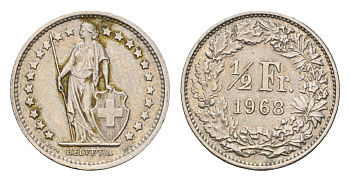 Швейцария 1/2 франка 1968 KM 23a медно-никель 187-551