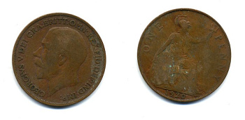 Великобритания 1 пенни 1920 Георг V (1910-1936) КМ 810, Spink 4051 бронза 47-414