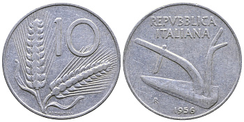 ИТАЛИЯ 10 ЛИР 1956 R, ПЛУГ KM 93 алюминий 4383-954