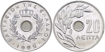 Греция 20 лепта 1969 Константин II (1964-1974), оливковая ветвь KM 79 алюминий UNC 28-833