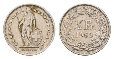 Швейцария 1/2 франка 1968 KM 23a медно-никель 187-551