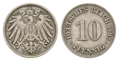 Германия 10 пфеннигов 1907 D, Вильгельм II (1888-1918) KM 12, J. 13 медно-никель 4636-861