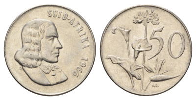 ЮАР 50 центов 1966 Ян ван Рибек (1619-1677), Suid Africa, легенда на африкаанс, Зантедеския Эллиота (калла) KM 70.2 никель 4604-1026