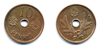 ФИНЛЯНДИЯ 10 ПЕННИ 1943 KM 33.1 медь 51-5037
