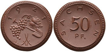 Саксония 50 пфеннигов 1921 виноград и лопата J. N 54 фарфор 1094-6-83