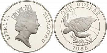 Бермудские острова 1 доллар 1986 серия 25 лет защиты окружающей среды, морская черепаха КМ 49 a серебро PROOF 02-073-14