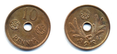 ФИНЛЯНДИЯ 10 ПЕННИ 1943 KM 33.1 медь 51-5037