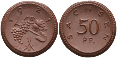 Саксония 50 пфеннигов 1921 виноград и лопата J. N 54 фарфор 1094-6-83