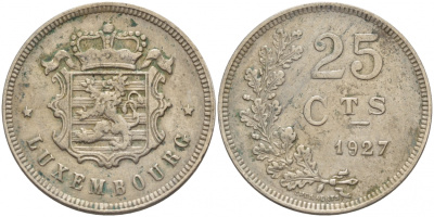 ЛЮКСЕМБУРГ 25 САНТИМОВ 1927 ГОД ТИП KM 37 медно-никель 4548-747