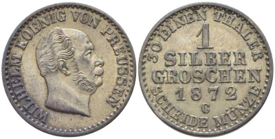 ПРУССИЯ 1 ГРОШ 1872 С, ВИЛЬГЕЛЬМ I (1861-1888) KM 485 серебро 201-652