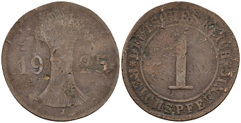 Германия 1 рейхспфенниг 1925 KM 37, J. 313 бронза 4152-141
