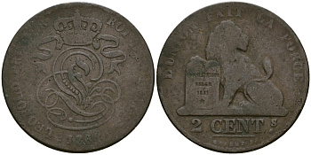 Бельгия 2 сантима 1864 Belges KM 4.2 медь 4135-943
