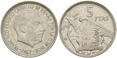 ИСПАНИЯ 5 ПЕСЕТ 1957 (62) ФРАНСИСКО ФРАНКО ДИКТАТОР ИСПАНИИ (1939-1975) KM 786 медно-никель 4364-3425