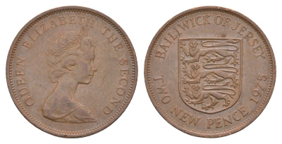 Джерси 2 новых пенса 1975 герб, Елизавета II (1952-2022) KM 31 бронза 4660-212