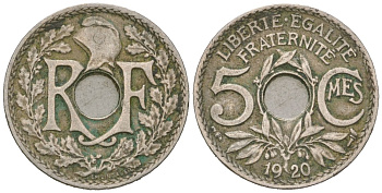 Франция 5 сантимов 1920 KM 865a медно-никель 4615-644