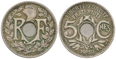 Франция 5 сантимов 1920 KM 865a медно-никель 4615-644