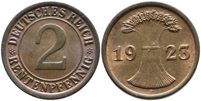 ГЕРМАНИЯ 2 РЕНТЕНПФЕННИГА 1923 F, ВЕЙМАРСКАЯ РЕСПУБЛИКА (1919-1933) KM 31, Jager 307, Weege 3 бронза aUNC 4546-817