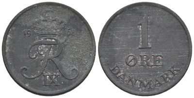 Дания 1 эре 1968 С; S, Фредерик IX (1947-1972) KM 839.2 цинк 4609-1114