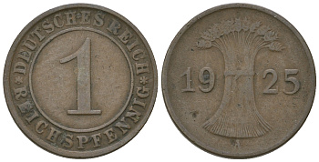 Германия 1 рейхспфенниг 1925 А KM 37, J. 313 бронза 3458-1127
