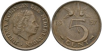 НИДЕРЛАНДЫ 5 ЦЕНТОВ 1957 ЮЛИАНА KM 181 бронза 95-326