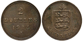 Гернси 2 дабла (дубля) 1914 H KM 12 бронза 650-625