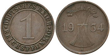 Германия 1 рейхспфенниг 1934 A KM 37, J. 313 бронза 4189-1244