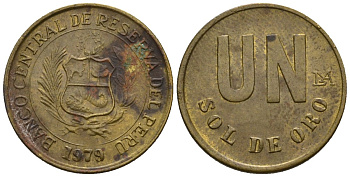 Перу 1 соль 1979 LIMA, очень редкий год KM 266.2 латунь 220-841