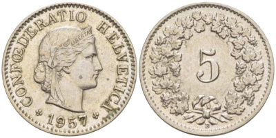 ШВЕЙЦАРИЯ 5 РАППЕНОВ 1957 В KM 26 медно-никель 206-256