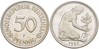 ФРГ 50 ПФЕННИГОВ 1982 F KM 109.2 J 384a медно-никель 3996-1015