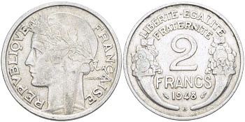 Франция 2 франка 1948 B, ТИП MORLON KM 886а.2, LE FRANC 269.13 алюминий 180-1142