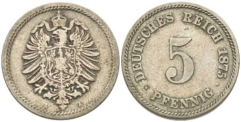 ГЕРМАНИЯ 5 ПФЕННИГОВ 1875 А, СТАРОГЕРБОВКА KM 3, J. 3 медно-никель 206-1164
