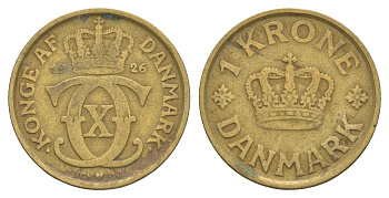 Дания 1 крона 1926 HCN, Кристиан X (1912-1947) KM 824 алюминиевая бронза 4657-343