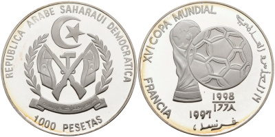 Западная Сахара 1000 песет 1997 XVI чемпионат мира по футболу 1998 года во Франции KM 46 серебро PROOF 00-000-00