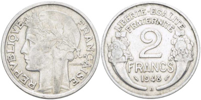 Франция 2 франка 1948 B, ТИП MORLON KM 886а.2, LE FRANC 269.13 алюминий 180-1142