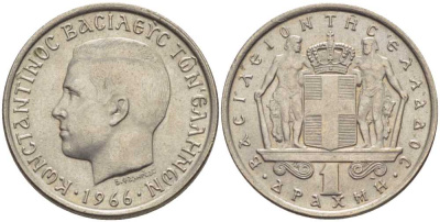 ГРЕЦИЯ 1 ДРАХМА 1966 КОНСТАНТИН II (1964-1973) KM 89 медно-никель UNC 24-854