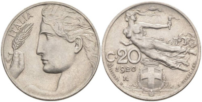 ИТАЛИЯ 20 ЧЕНТЕЗИМО 1920 R, ВИКТОР ЭММАНУИЛ III (1900-1946) KM 44, VEM3. 1008 никель 3853-236