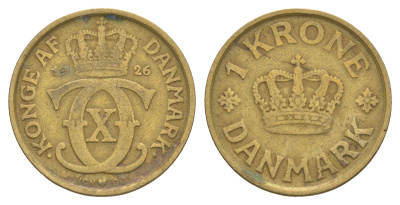 Дания 1 крона 1926 HCN, Кристиан X (1912-1947) KM 824 алюминиевая бронза 4657-343