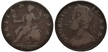 Великобритания 1/2 пенни 1744 Георг II (1727-1760) KM 579.1 Spink 3718 медь 1523-924
