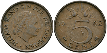 НИДЕРЛАНДЫ 5 ЦЕНТОВ 1962 ЮЛИАНА KM 181 бронза 95-351